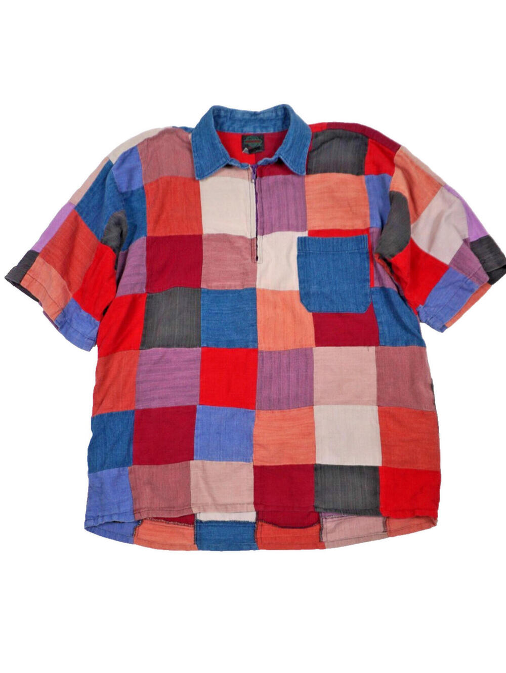 Vintage 90s Denim Patchwork Polo Shirt Mens XXL 1/4 Zip Colorblock Designer Boho